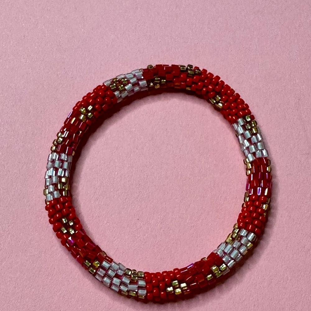 Nepal Style Roll On Bracelet Red‎ White Beaded Multicolor